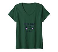 Feline Fine: Lindo Juego de Palabras para Amantes de los Gatos para entusiastas de Las Mascotas Camiseta Cuello V, Mujer, Verde Bosque, XXL
