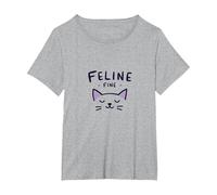 Feline Fine: Lindo Juego de Palabras para Amantes de los Gatos para entusiastas de Las Mascotas Camiseta, Mujer Tallas Grandes, Gris Jaspeado, 1XL Grande