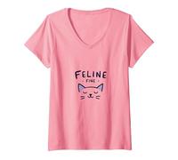 Feline Fine: Lindo Juego de Palabras para Amantes de los Gatos para entusiastas de Las Mascotas Camiseta Cuello V, Mujer, Rosado, M