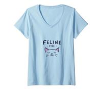 Feline Fine: Lindo Juego de Palabras para Amantes de los Gatos para entusiastas de Las Mascotas Camiseta Cuello V, Mujer, Azul Bebé, M