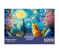 Feline Sitting on The Windowsill 1000 Stück Premium-Karton Puzzle Van-Gogh Style Starry Sky Lebendige Bilder Kreatives Spiel Puzzles Als Wohnaccessoires 38x26cm/1000pcs