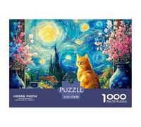 Feline Sitting on The Windowsill 1000 Stück Stabiler Karton Puzzle Van-Gogh Style Starry Sky Lebendige Bilder Kreatives Spiel Puzzles Für Erwachsene Und Kinder 52x38cm/1000pcs