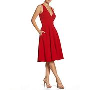 FELIPE ALBERNAZ Mujer Vestido Elegante de Fiesta Cóctel con Vuelo y Escote V Profundo I Ajustado a la Cintura I Hecho en España (S, Rojo)