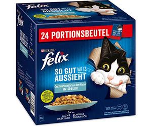 Felix Comida húmeda para Gatos So gut wie es mira en gelatina Sabor Variedad del Agua, Paquete de 1 Unidad (24 x 85 g) Bolsa de porciones