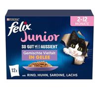 FELIX Comida para Gatitos Junior húmeda en gelatina, Mezcla de variedades, 6 Unidades (6 x 12 Bolsas de 85 g)