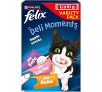 Felix | Deli Moments™ | Dulces Gato | Sabor Irresistible, Textura cremosa y Líquida para Gato y Gatito | con Pollo, Salmón y Pato | Bolsitas| Porción Individual | 12x10g