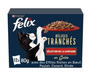 FELIX | Delicias en rodajas | Selección del Campo | Jalea | Alimentación Completa | Gato Adulto | Pollo, Salmón, Cabillaud y Pato | Bolsas Frescas | Juego de 4 (12 x 85g)