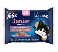 FELIX Fantastic, Comida Húmeda para Gato Junior, Gelatina, Surtido de Buey, Salmón, Pollo y Atún, 12 Packs de 4 Sobres de 85 g. (48 sobres)