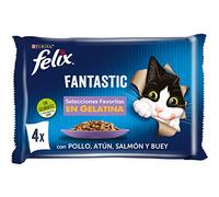 FELIX Fantastic, Comida Húmeda para Gato Adulto, Gelatina, Surtido de Buey, Salmón, Pollo y Atún, 12 Packs de 4 Sobres de 85 g. (48 Sobres)