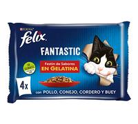FELIX Fantastic, Comida Húmeda para Gato Adulto, Gelatina, Surtido de Pollo, Conejo, Cordero y Buey, 12 Packs de 4 Sobres de 85 g. (48 Sobres)