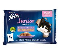 FELIX Fantastic, Comida Húmeda para Gato Junior, Gelatina, Surtido de Buey, Salmón, Pollo y Atún, 12 Packs de 4 Sobres de 85 g. (48 sobres)