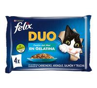 FELIX Duo, Comida Húmeda para Gato Adulto, Gelatina, Surtido de Carbonero, Arenque, Salmón y Trucha, 12 Packs de 4 Sobres de 85 g. (48 Sobres)