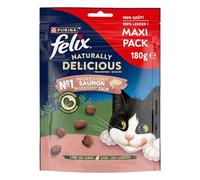 FELIX Naturally Delicious - Golosinas de Gato con salmón - Bolsa de 180 g | Dulces Gato Sabor Salmón - Recompensa rica en proteínas y Omega 6, con espinacas para divertirse - Snack Chat