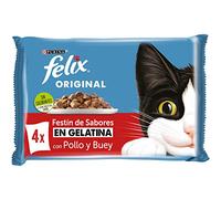 FELIX Original, Comida Húmeda para Gato Adulto, Gelatina, Surtido de Pollo y Buey, 12 Packs de 4 Sobres de 85 g. (48 Sobres)