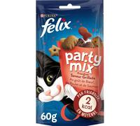 Felix Party Mix - Bolsita de 60 g - Lote de 8 - Sabores a Elegir | Golosinas Gato Sabor Tostado - Con Pollo, Carne de res y Salmón, rico en proteínas y Omega 6 para la vitalidad - Salud del