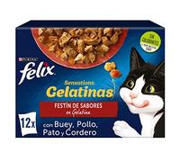FELIX Sensations, Comida Húmeda para Gato Adulto, Gelatina, Surtido de Buey, Pollo, Pato y Cordero, 6 Packs de 12 Sobres de 85 g. (72 sobres)