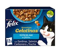 FELIX Sensations, Comida Húmeda para Gato Adulto, Gelatina, Surtido de Sardinas, Salmón, Carbonero y Trucha, 6 Packs de 12 Sobres de 85 g. (72 sobres)