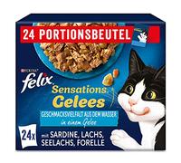 Felix Sensations Jalees Comida para Gatos húmeda en gelatina, Mezcla de Pescado, 4 Unidades (4 x 24 Bolsas de 85 g)