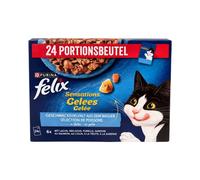 FELIX Sensations Selección de Pescados en Gelatina (24x85 gr) - Alimento Húmedo Completo para Gatos Adultos (Salmón con sabor a Gambas, Abadejo con Tomate, Trucha con Espinacas, Sardina con Zanahoria)