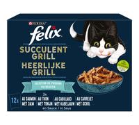 FELIX | Succulent Grill | Gato Adulto | Afilado en Salsa Tan Irresistible | Selección de Pescados: Salmón, Atún, Cabillaud, Carrelet | Bolsa Frescura | Juego de 6 x (12 x 80 g)