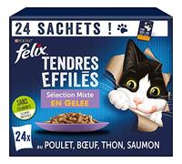 FELIX | Tiernas afiladas | Gato Adulto | Jalea | Alimentación Completa | Selección Mixta: con Carne de Res, Pollo, atún y salmón | Bolsas Frescas | Lote de 4 (24 x 85 g)