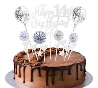 Feliz 14 cumpleaños Cake Topper 14 Year Boy Girl Cake Topper 14th Birthday Silver Cake Topper 14th Birthday Boy Cake Topper Plata con corazón Estrella Globo Glitter Cake Topper para 14th Birthday