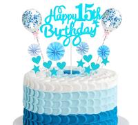 Feliz 15 cumpleaños Cake Topper 15 años Niño Niña Cake Topper 15th Birthday Boy Blue Cake Topper 15th Birthday Boy Cake Topper Azul con corazón Estrella Globo Glitter Cake Topper para 15th Birthday