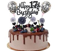 Feliz 17 cumpleaños Cake Topper 17 años Boy Girl Cake Topper 17th Birthday Black Cake Topper 17th Birthday Boy Cake Topper Negro con corazón Estrella Globo Glitter Cake Topper para 17th Birthday