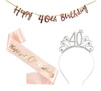 Feliz 40 Cumpleaños Faja de Satén Oro Rosa Guirnalda Feliz Cumpleaños Cumpleaños Sash 40th Diadema Tiara Cristal Cumpleaños Faja Banda de Satén Cumpleaños Sash Decoracíon Regalos para Cumpleaños
