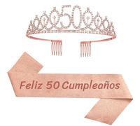 Feliz 50 Cumpleaños Faja de Satén Oro Rosa Feliz Cumpleaños Cumpleaños Sash 50th Diadema Tiara Cristal Cumpleaños Faja Banda de Satén Cumpleaños Sash Decoracíon Regalos para Cumpleaños