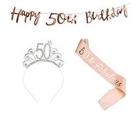 Feliz 50 Cumpleaños Faja de Satén Oro Rosa Guirnalda Feliz Cumpleaños Cumpleaños Sash 50th Diadema Tiara Cristal Cumpleaños Faja Banda de Satén Cumpleaños Sash Decoracíon Regalos para Cumpleaños