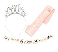 Feliz 60 Cumpleaños Faja de Satén Oro Rosa Guirnalda Feliz Cumpleaños Cumpleaños Sash 60th Diadema Tiara Cristal Cumpleaños Faja Banda de Satén Cumpleaños Sash Decoracíon Regalos para Cumpleaños