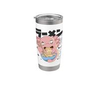 Feliz Axolotl Comer Ramen Japón Estilo Kawaii Anime Vaso térmico de acero inoxidable de doble pared