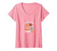 Feliz Celebración de la Amenaza de la Triple Fiesta de Hola Gracias Camiseta Cuello V, Mujer, Rosado, S