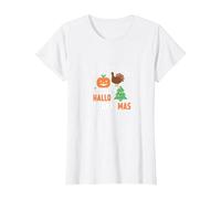 Feliz Celebración de la Amenaza de la Triple Fiesta de Hola Gracias Camiseta, Mujer, Blanco, L