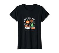 Feliz Celebración de la Amenaza de la Triple Fiesta de Hola Gracias Camiseta, Mujer, Negro, XS