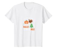 Feliz Celebración de la Amenaza de la Triple Fiesta de Hola Gracias Camiseta, Niños, Blanco, 12 años
