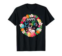 Feliz conejito de Pascua con huevos de chocolate en círculo floral Camiseta