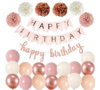 Feliz Cumpleaños, oro rosa, juego de decoración de cumpleaños, guirnalda, globos retro rosa, 6 pompones de cumpleaños para niños