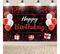 Feliz Cumpleaños Telón de Fondo Banner, Letrero de Cumpleaños Rojo Negro con Purpurina, Cumpleaños Decoración Fondo de Foto para Mujeres Niñas Cumpleaños Fiesta de Suministros, 180x120cm