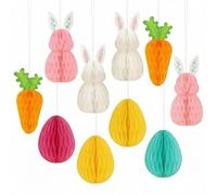 Feliz decoración de Pascua: 12 unidades de decoración de Pascua para colgar, figuras de huevos de panal y conejos, decoración de papel reutilizable para un ambiente de primavera rápido en casa y