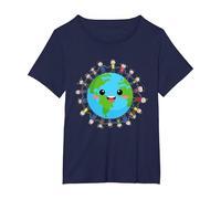 Feliz Día Nacional de la Tierra Niños Felices Alrededor del Mundo Camiseta, Mujer Tallas Grandes, Azul Marino, 1XL Grande
