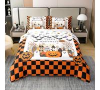 Feliz Halloween 100% algodón puro edredón cubierta tamaño M,Rejilla negra naranja cubierta reversible con 1 funda de almohada para niños,Cute Calabaza Ghost Bat Print Cover