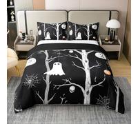 Feliz Halloween 100% Natural Algodón Edredón Cubierta Blanca Espíritu Cráneo Calabaza Impresión Manta Reversible Tamaño S Tamaño,Telaraña Dibujo Mano Juego de Ropa de Cama Negra,1 Funda de Almohada