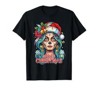 Feliz Navidad Cráneo Arte Mujer Santa Sombrero Diseño Festivo Camiseta