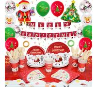 Feliz Navidad Decoration Table Festa, Merry Christmas Platos Servilletas Vasos Vajilla Set con Santa Elk Banner Mantel Globo Confeti Foil 3D para Happy New Year Party Decoración 16 Invitados