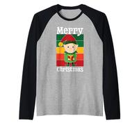 Feliz Navidad Lindo Adorable Elfo w Paquete Verde Rojo Amarillo Camiseta Manga Raglan
