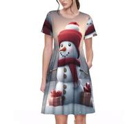 Feliz Navidad lindo muñeco de nieve 1 estampado de moda vestidos de mujer casual verano manga corta bolsillos laterales uso diario, Negro -, S