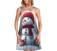 Feliz Navidad lindo muñeco de nieve 1 estampado versátil sin mangas vestido casual de verano hasta la rodilla elegancia diaria, Negro -, M