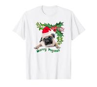 Feliz Navidad Lindo Perro Carlino y Corona de Bayas de Acebo Camiseta gráfica económica, Hombre, Blanco, M